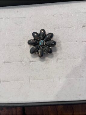 Sterling Silver Floral Cluster ring with black dahlia and King man turquoise